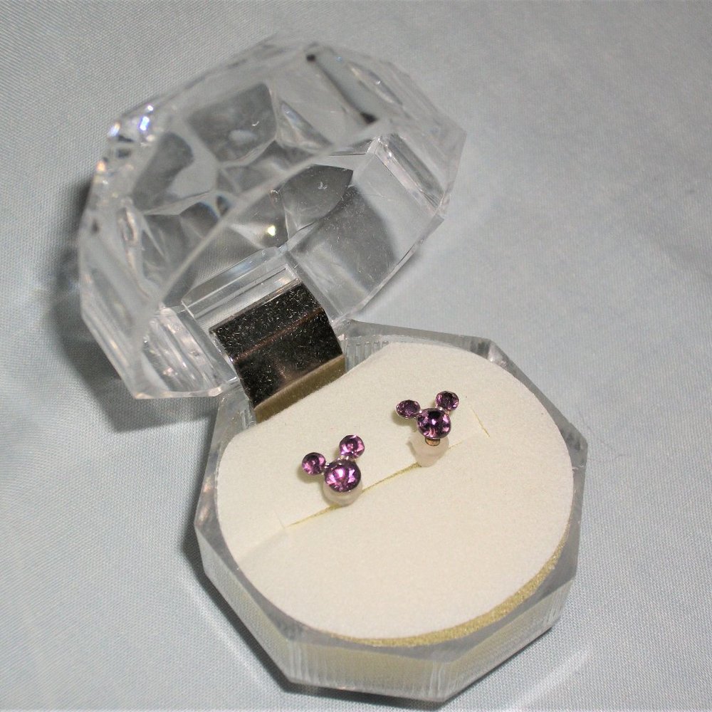 🧡4 for $20 Disney Mickey Ears Earrings Sterling Silver Amethyst Purple & Case - Picture 1 of 1